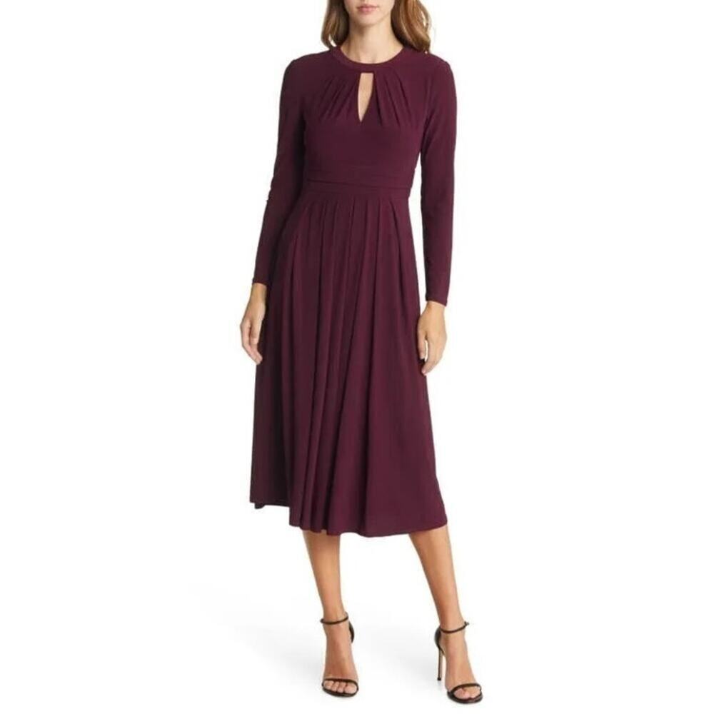 Eliza J Pleated A-Line Midi Dress Women's 6 Burgundy Keyhole Cutout Long Sleeves